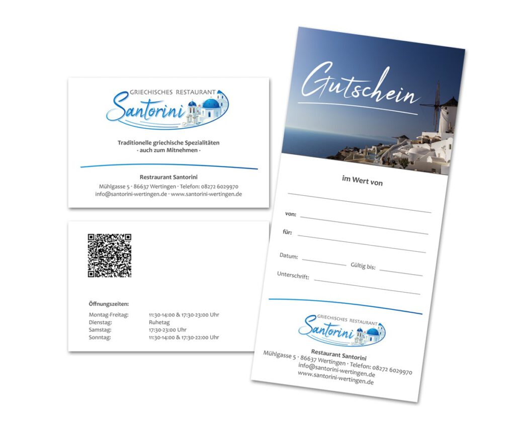 Ansicht Gestaltung Visitenkarten und Gutscheine Santorini